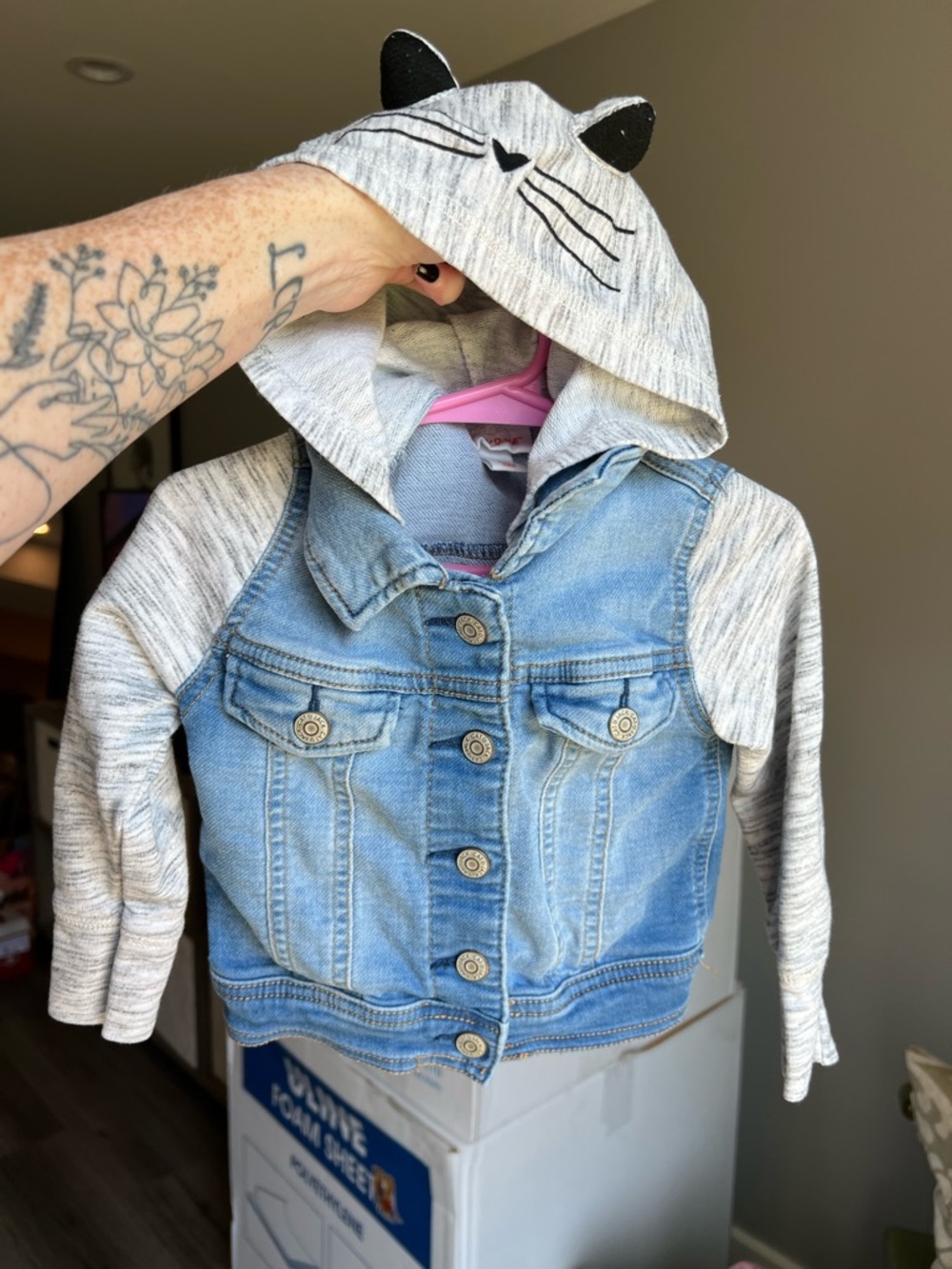 Cat & Jack Toddlers Denim Jean Sweater Jacket With Cat Hood Size 2T VGUC